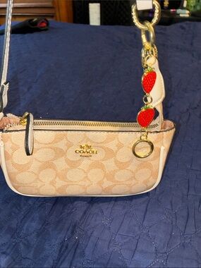 Coach Mini Signature Shoulder Bag in Light Pink and Cream with Strawberry Charm